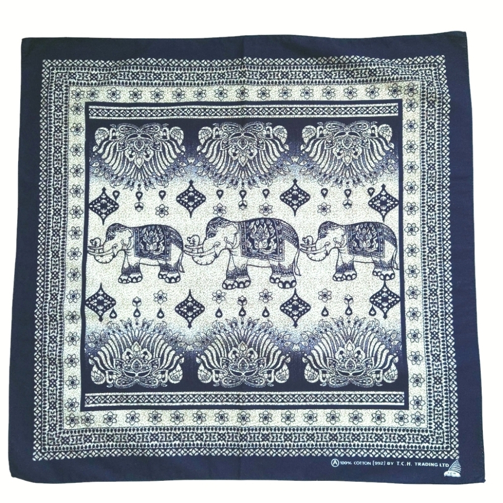 Dark Navy Blue Cotton Elephant Print Small City Scarf Bandana Head Scarf Square